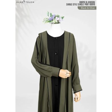 Glam Touch Abaya Al-Khushbu-Shrug Style Single Part Abaya | olive image